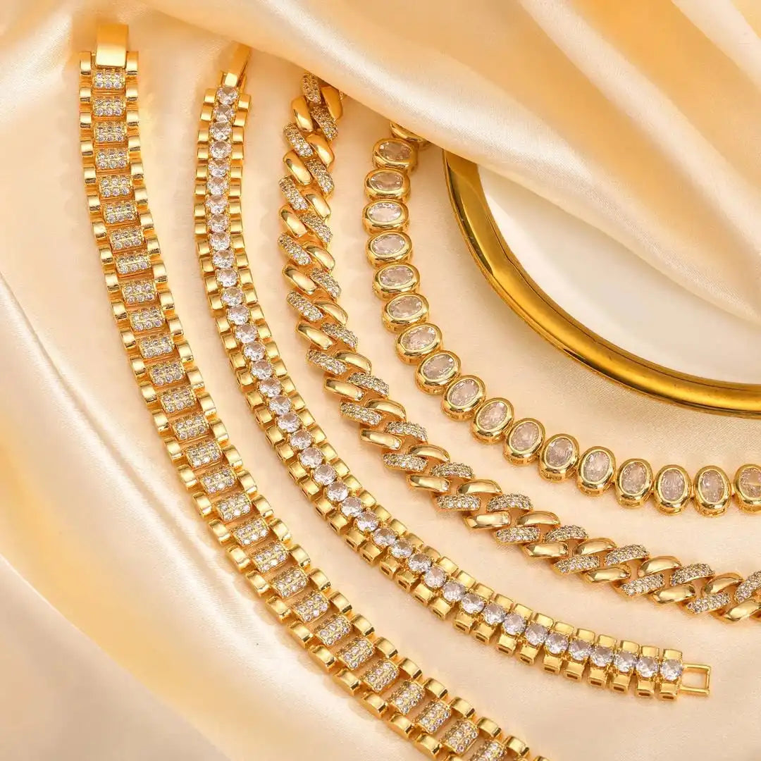 Cubic Zirconia Bracelet Set - 4 Adjustable Gold-Tone Bracelets with Box Clasp