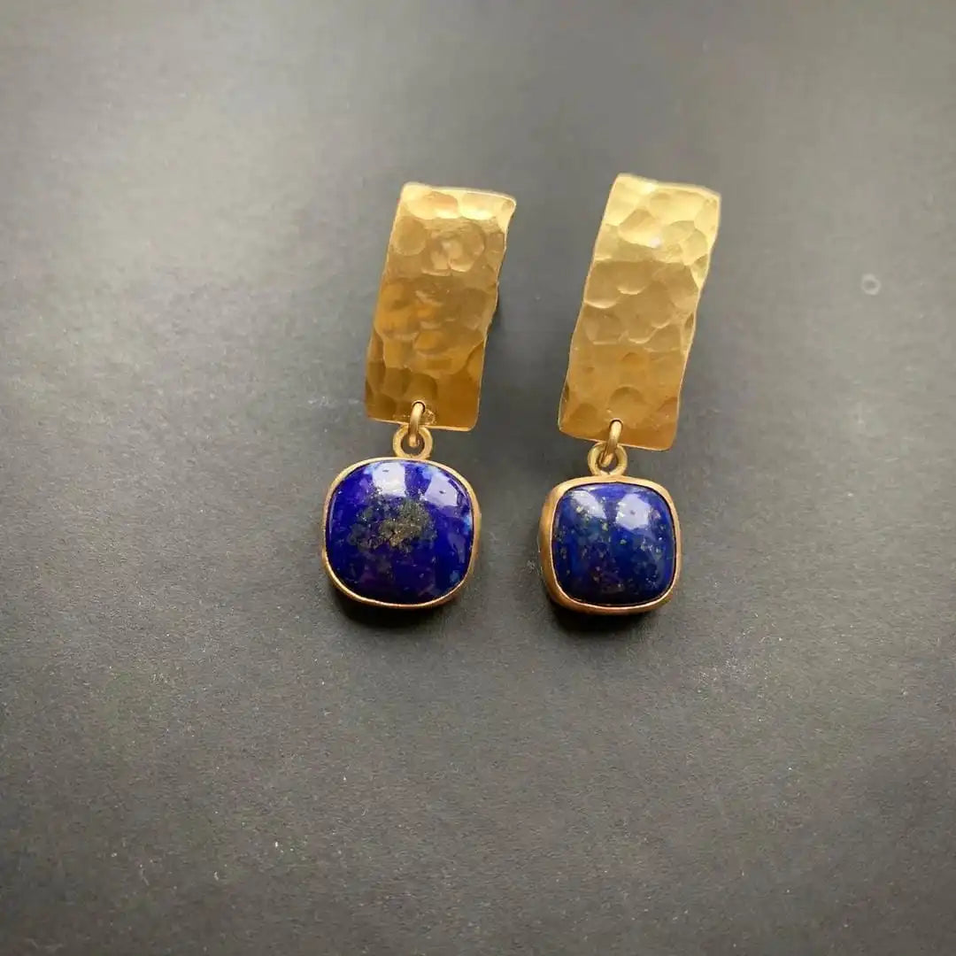 Lapis-Blue Ring and Earrings Set - Gold Tone, Adjustable Wrap Ring and Hammered Square Drops - 2 Pieces