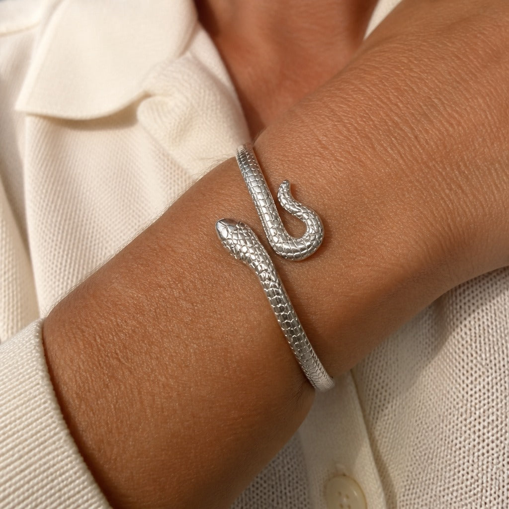 Snake Shaped Open Cuff Bracelet with Sculpted Scale Detail — view 3