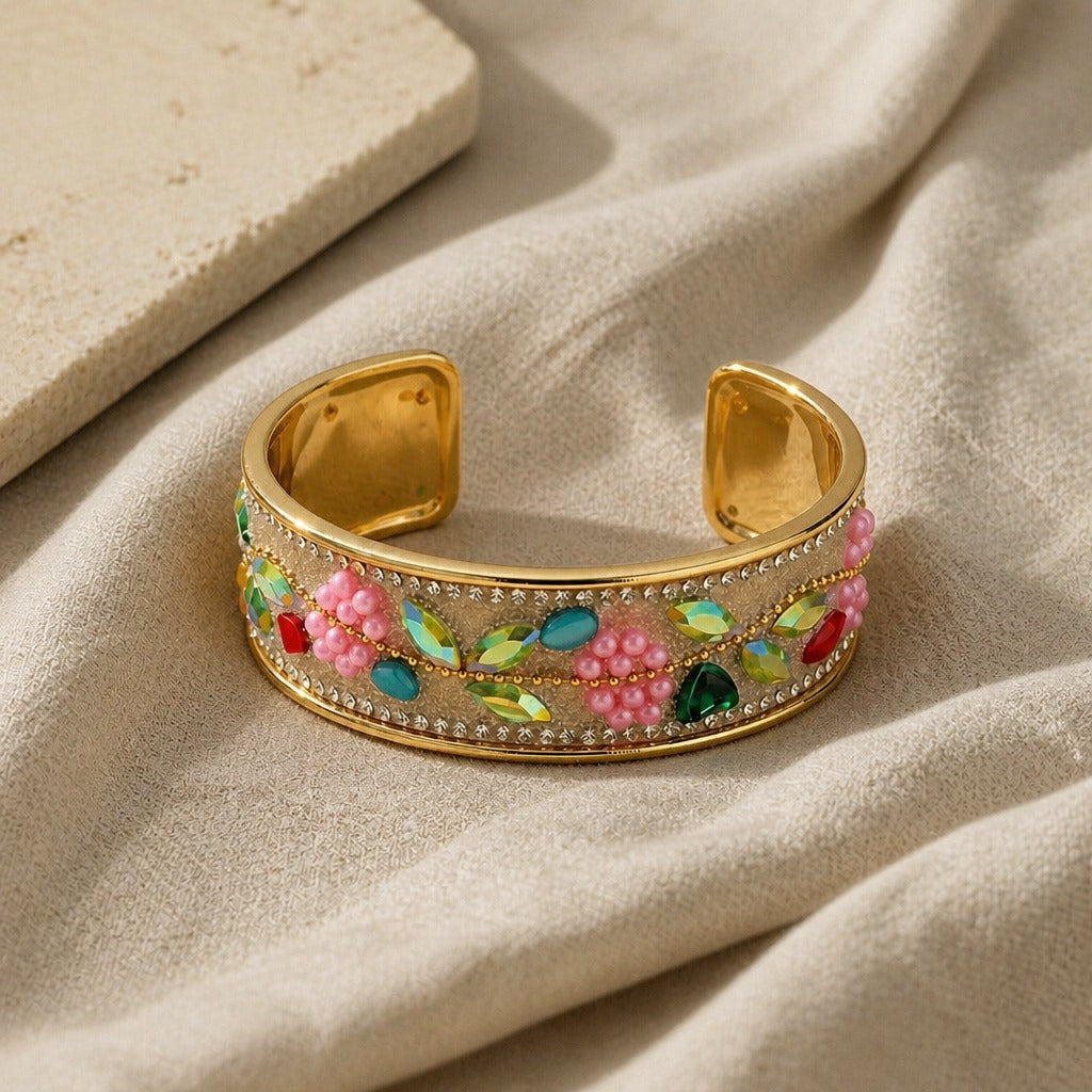 Floral Multicolor Gemstone Cuff Bracelet with Gold-Tone Open-Back Design — main image