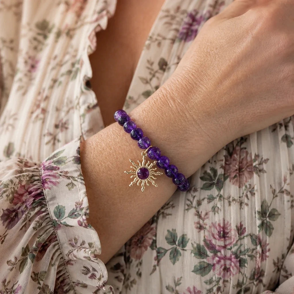 Sunburst Charm Amethyst Beaded Bracelet with Gold-Tone Pendant