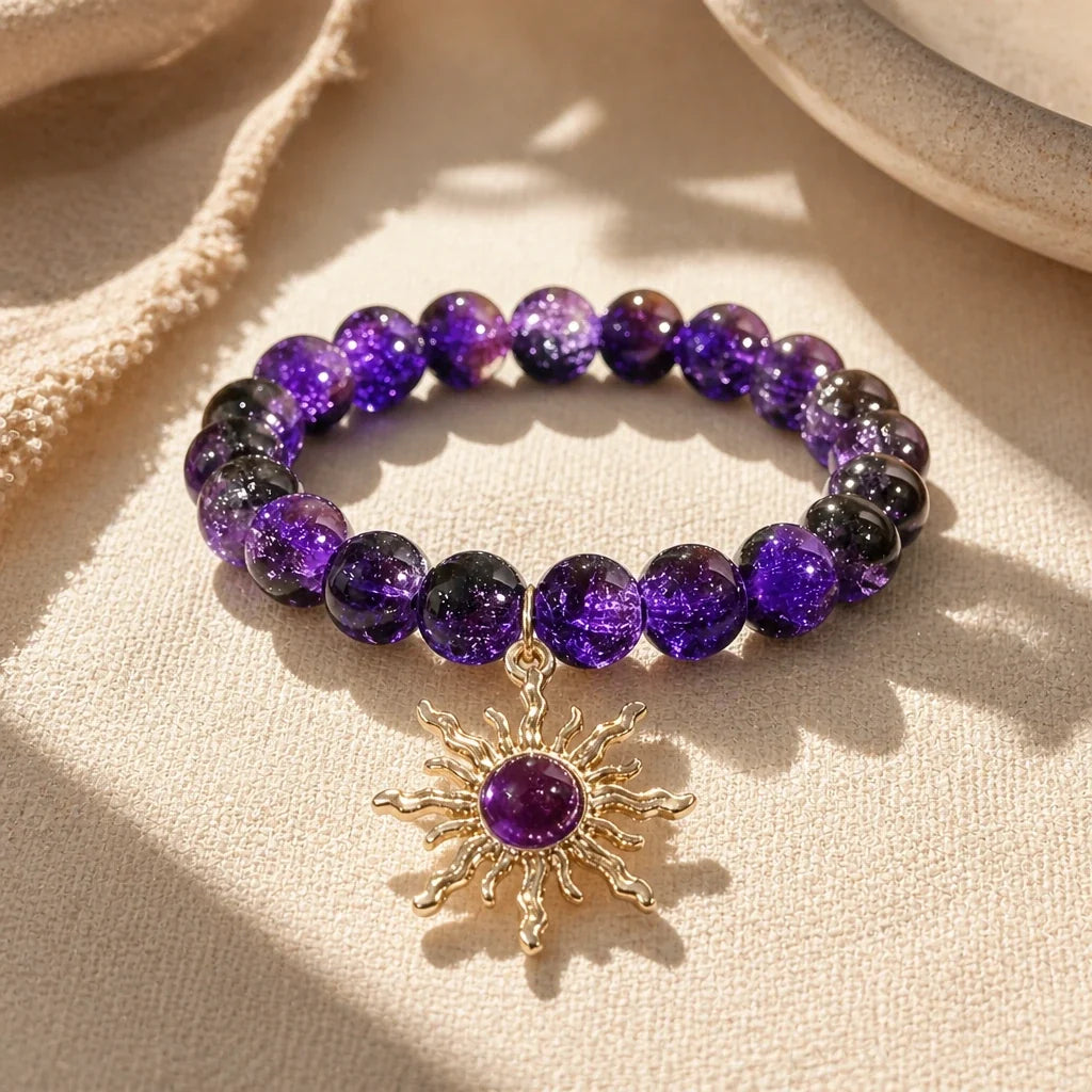 Sunburst Charm Amethyst Beaded Bracelet with Gold-Tone Pendant
