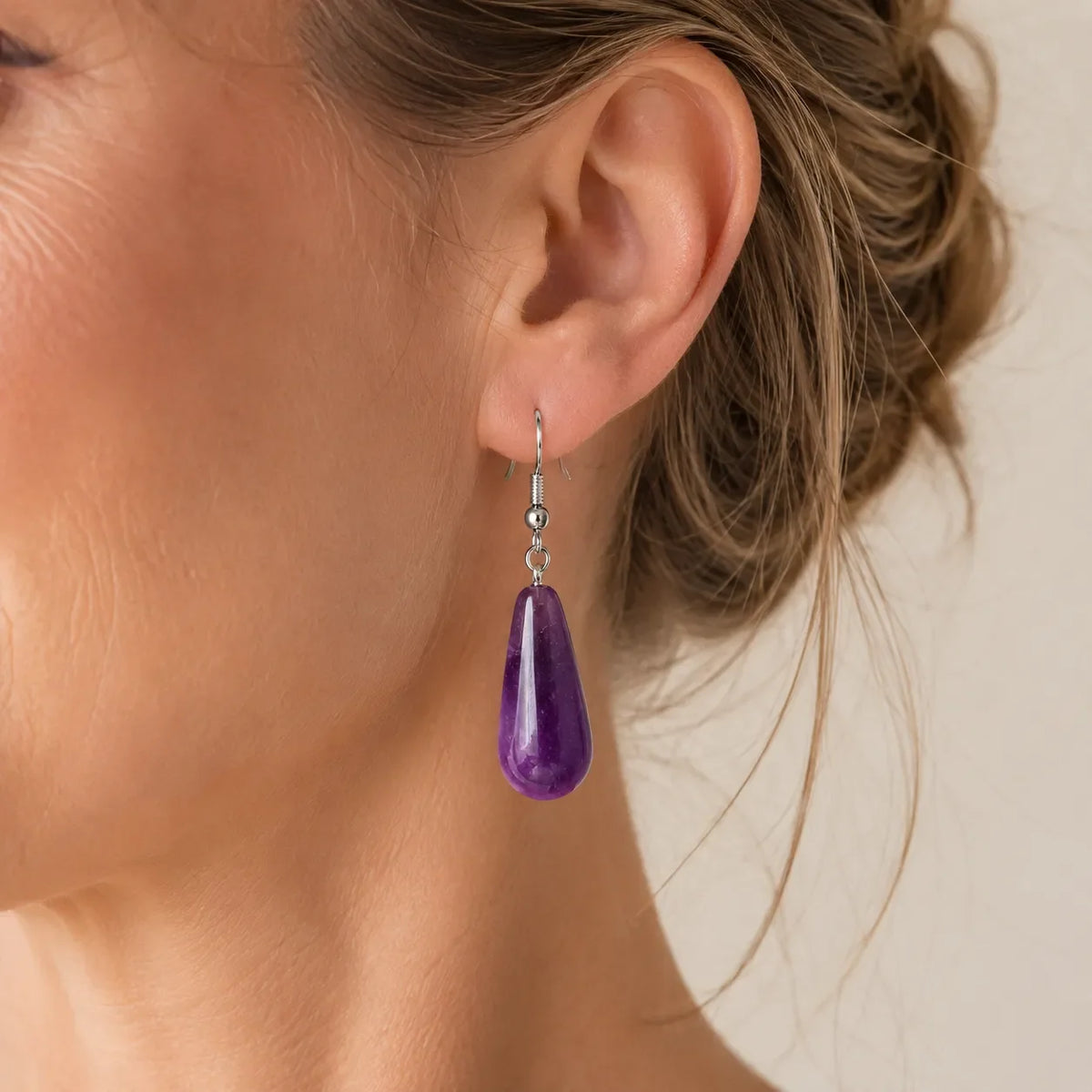 Teardrop Amethyst Drop Earrings with Silver-Tone Hook