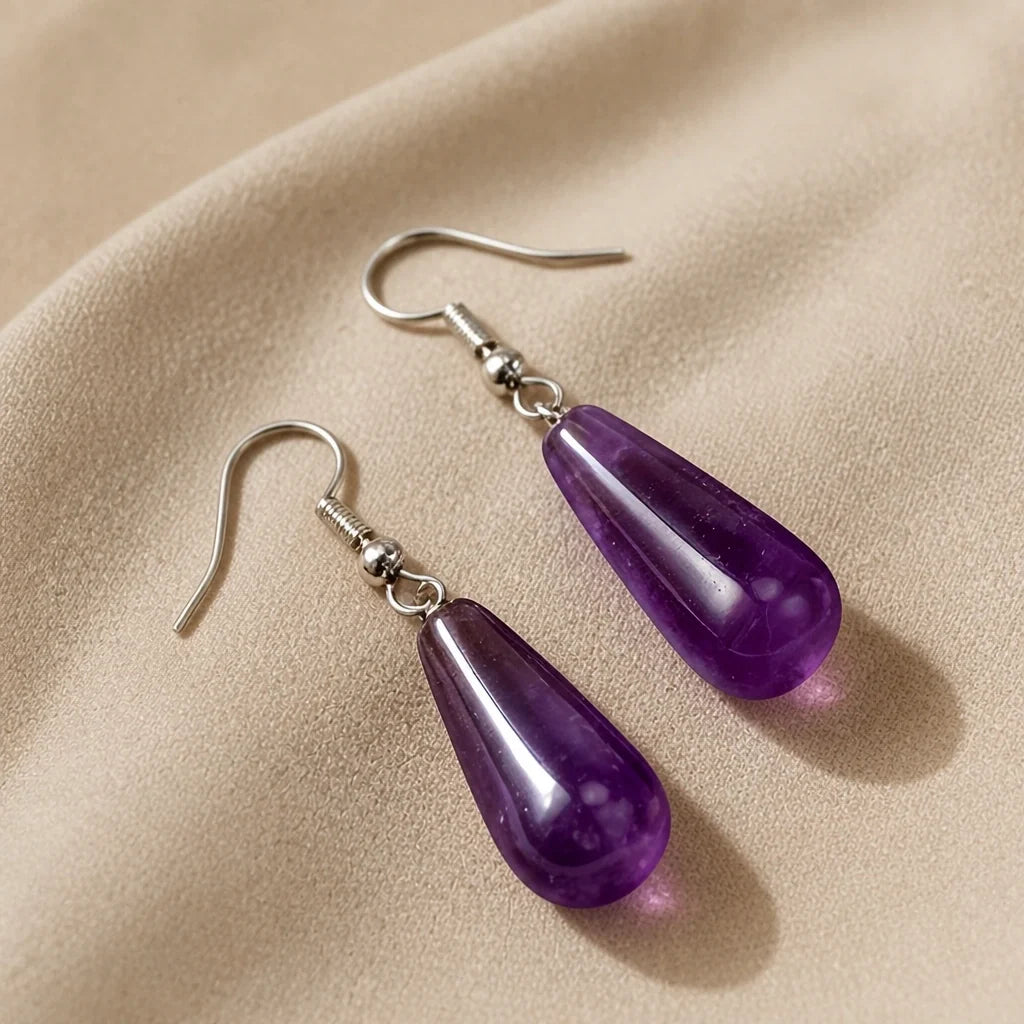Teardrop Amethyst Drop Earrings with Silver-Tone Hook