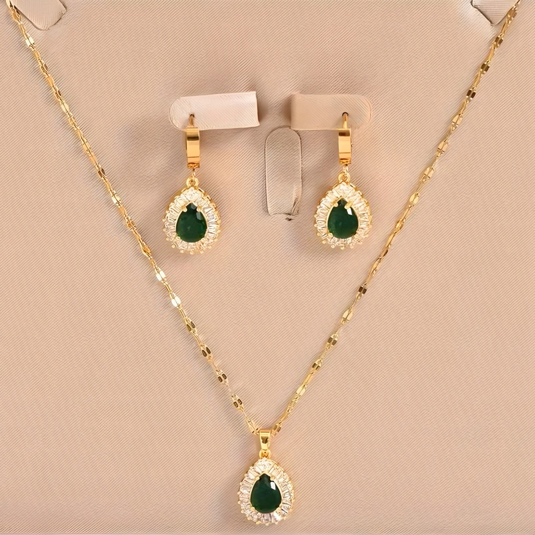 Emerald-Green Teardrop Halo Jewelry Set with Necklace, Earrings and Ring