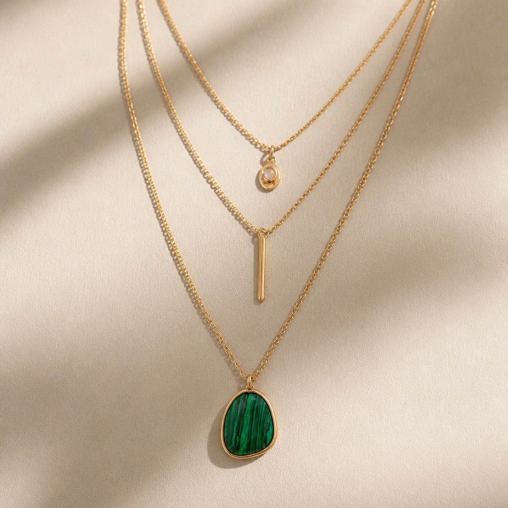 Three-Tier Layered Boho Necklace with Turquoise and Malachite Pendants — view 3