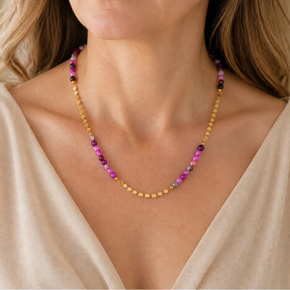 Amethyst Bead Necklace with Gold-Tone Metal Accents and Adjustable Chain