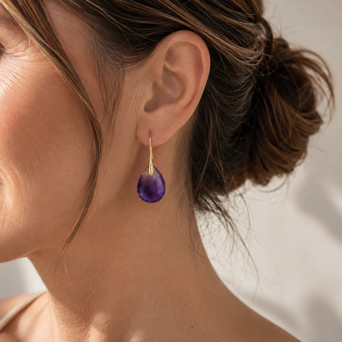 Teardrop Amethyst Drop Earrings with Gold-Tone Wire Hooks