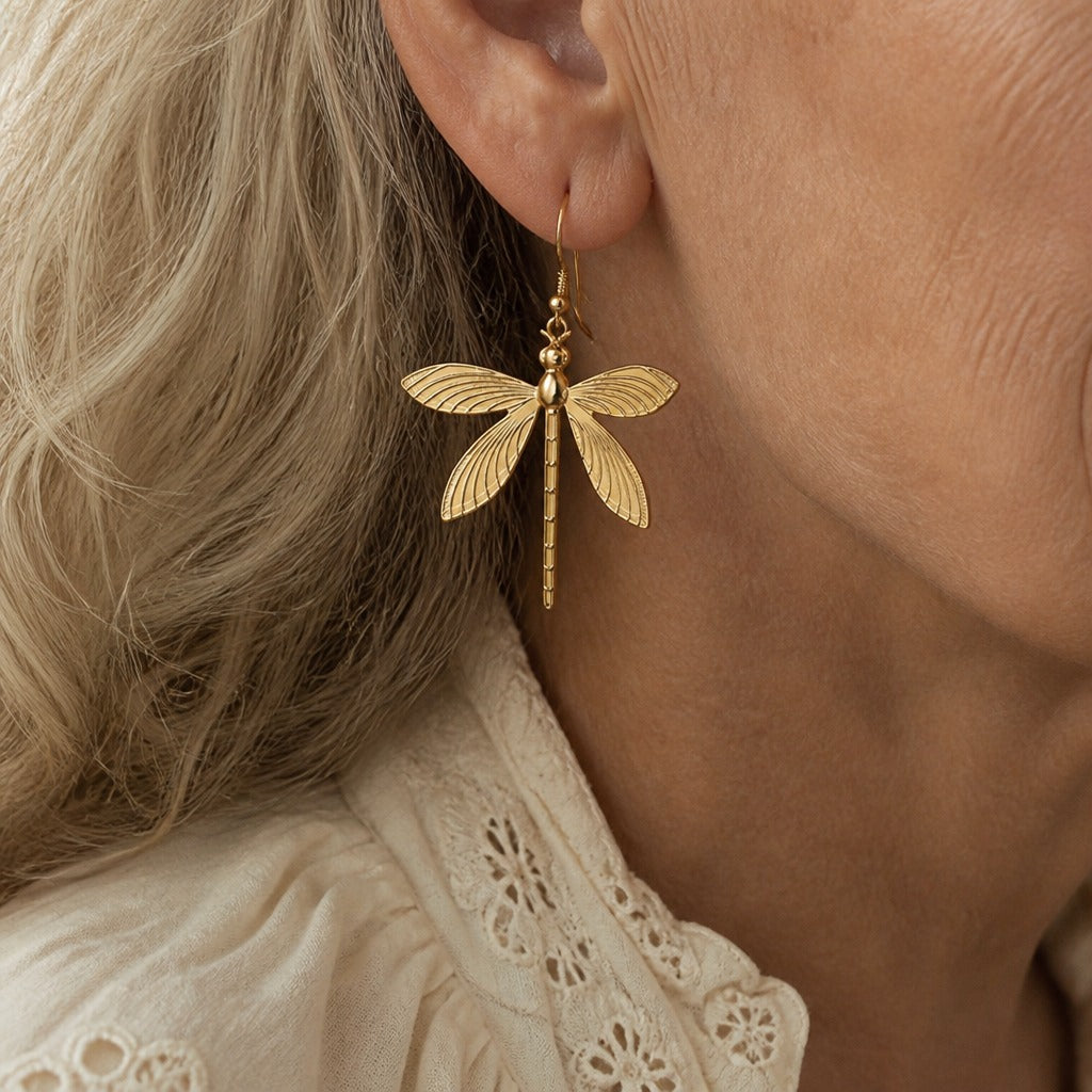 Dragonfly Dangle Earrings with Articulated Body and Filigree Wings — main image
