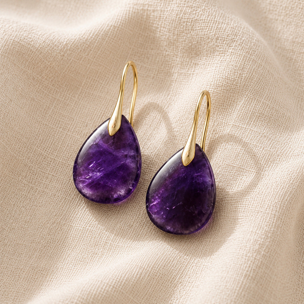 Teardrop Amethyst Drop Earrings with Gold-Tone Wire Hooks