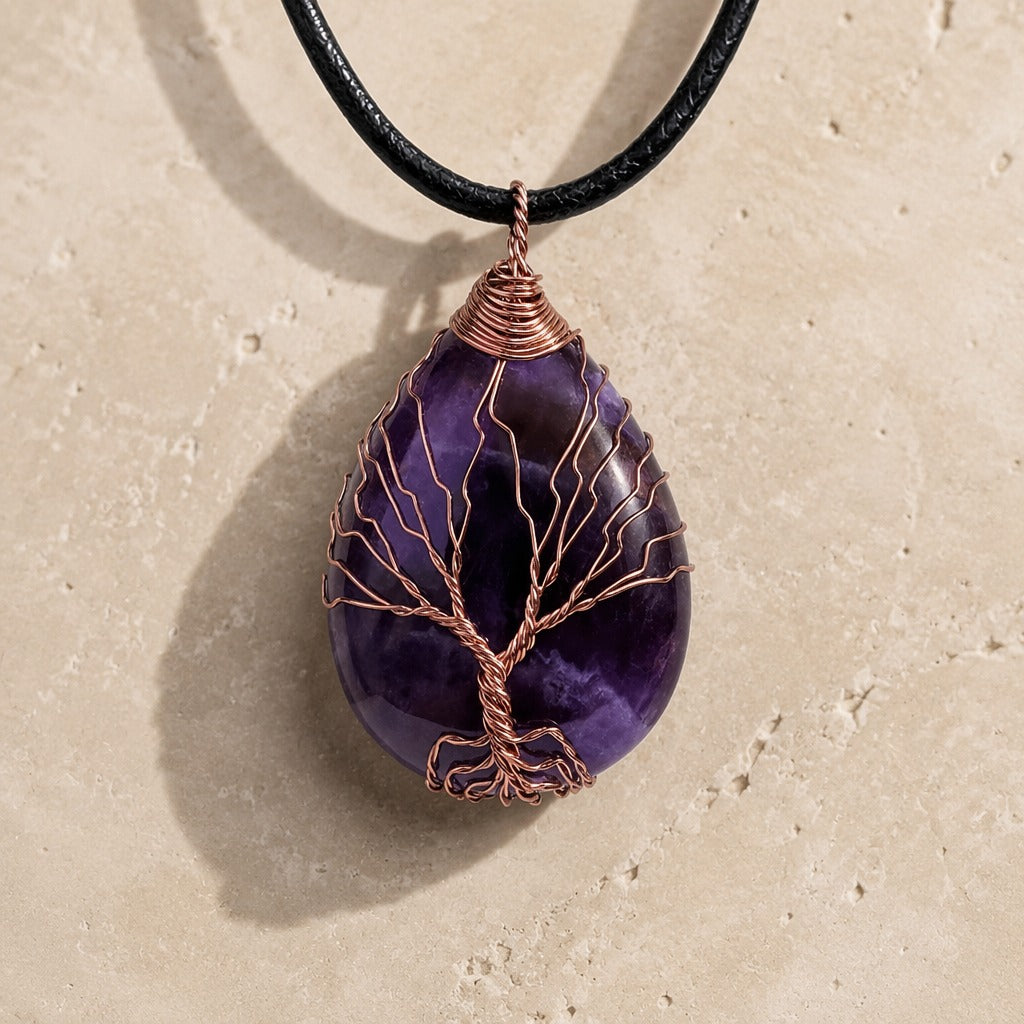 Tree of Life Amethyst Pendant Necklace with Teardrop Stone and Copper Wire Wrap