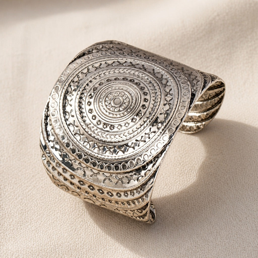 Mandala Tribal Engraved Open Cuff Bracelet, Silver-Tone Geometric Design — main image