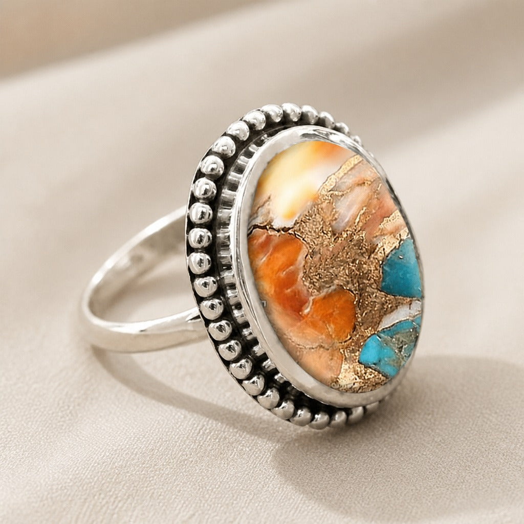 Oval Turquoise Mosaic Ring with Beaded Silver-Tone Bezel — main image