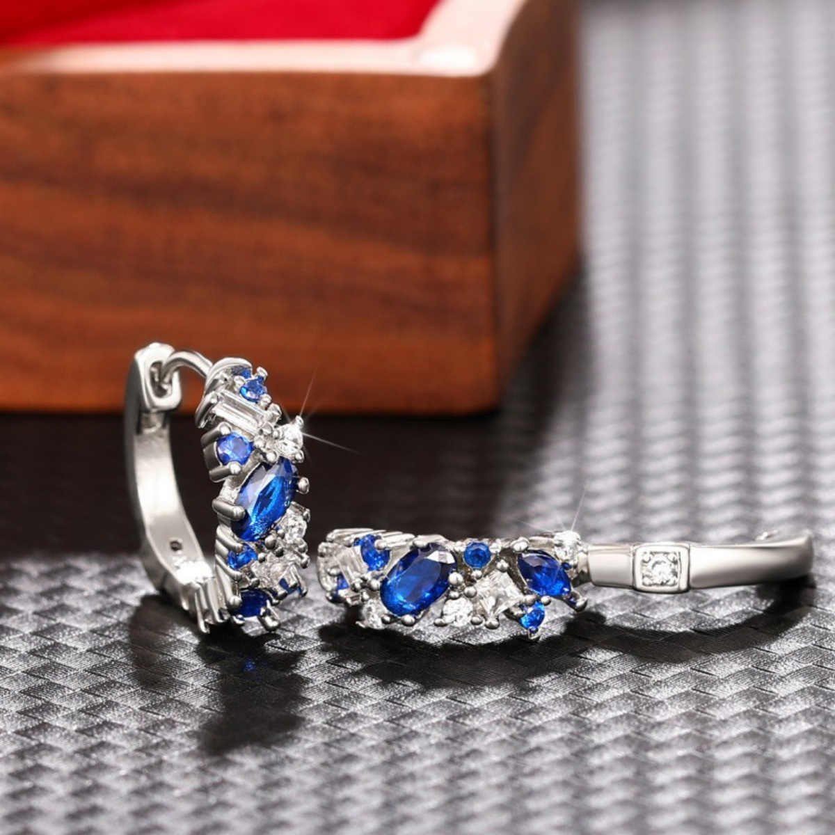 Blue Cubic Zirconia Cluster Hoop Earrings with Baguette Accents — view 4