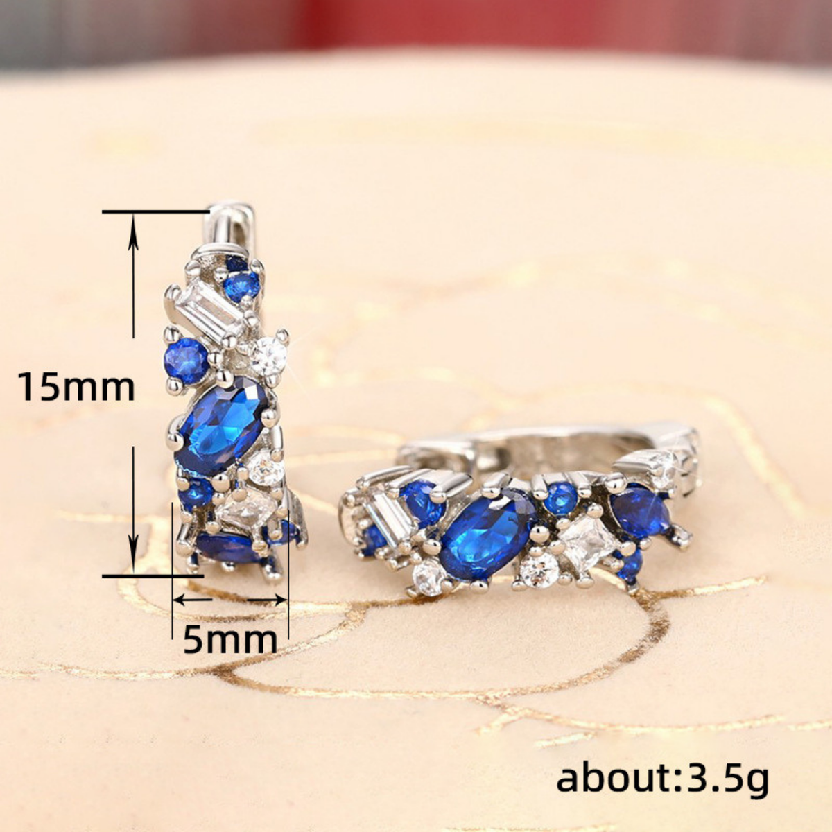 Blue Cubic Zirconia Cluster Hoop Earrings with Baguette Accents — view 5