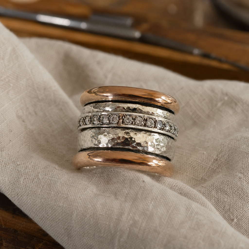 Women's Multi-Band Statement Ring, Gold and Silver Two-Tone, Vintage-Inspired Stacked Design with Pavé Center Band, Sizes 5-11