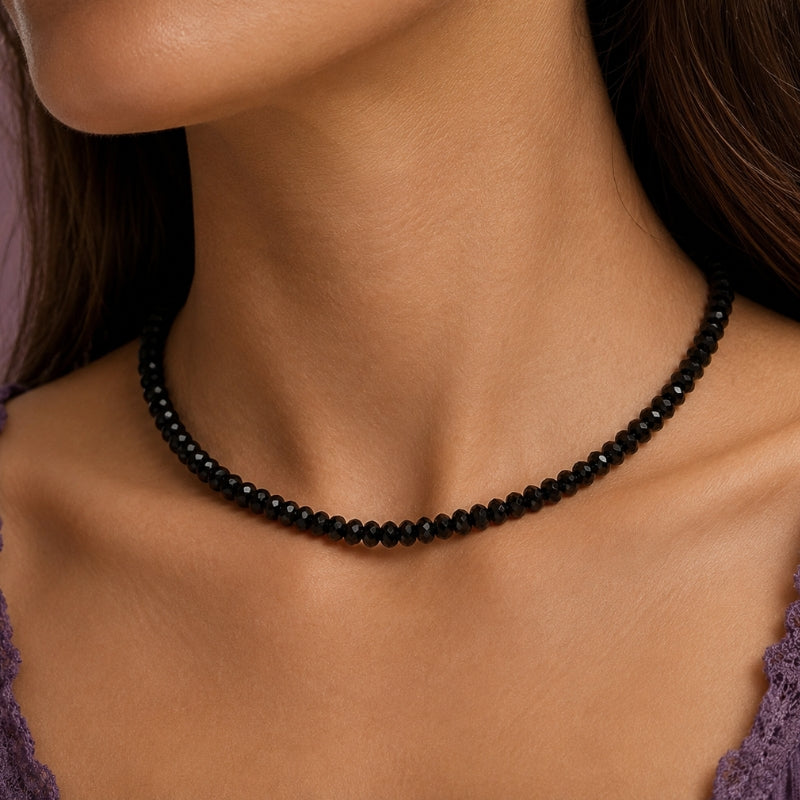 Faceted Black Glass Bead Necklace with Silver-Tone Clasp — main image
