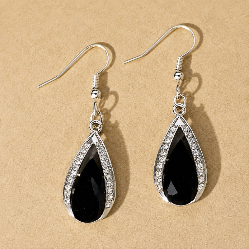 Teardrop Black Stone Drop Earrings with Rhinestone Border — main image