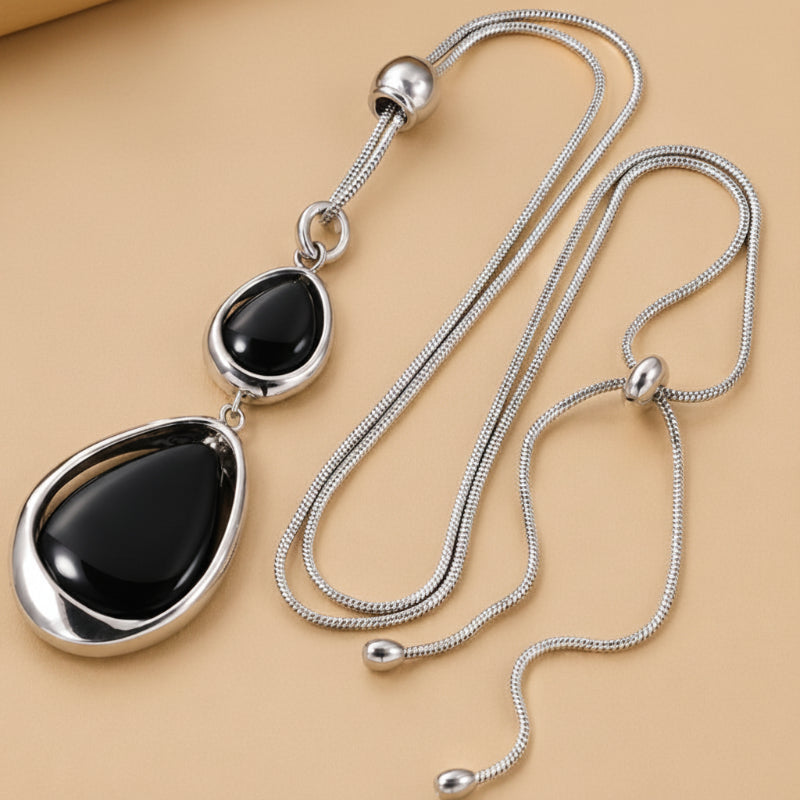 Teardrop Black Stone Pendant Necklace with Two Graduated Drops — view 2