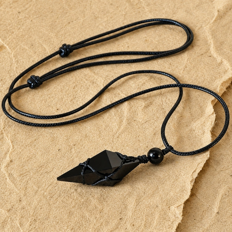 Pointed Black Stone Pendant Necklace with Adjustable Cord Closure — view 2