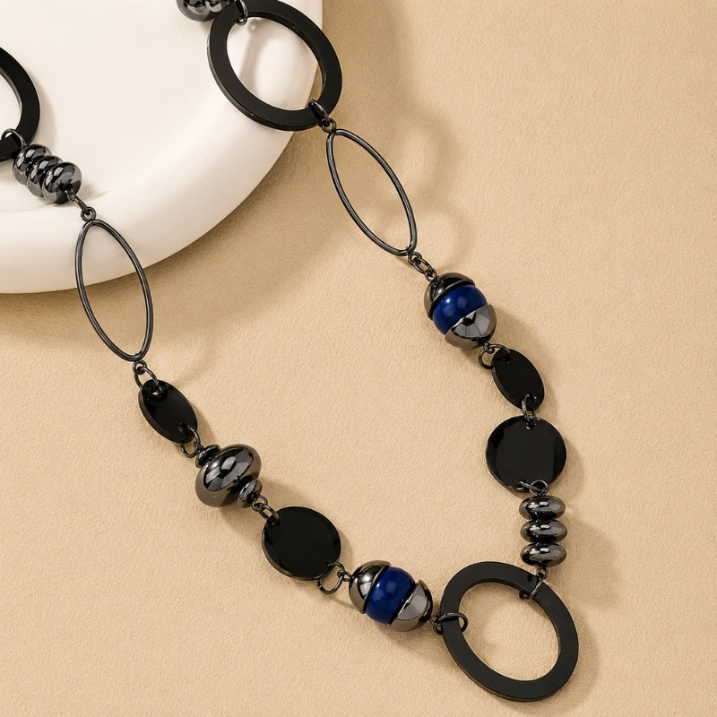 Black Beaded Pendant Necklace with Gunmetal Rings, Blue Accent Beads, Long Length — view 2