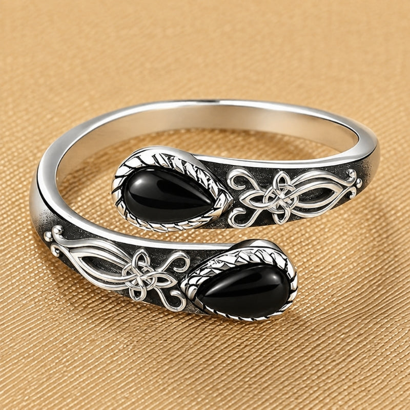 Floral Filigree Black Stone Ring, Adjustable Silver-Tone Band — main image
