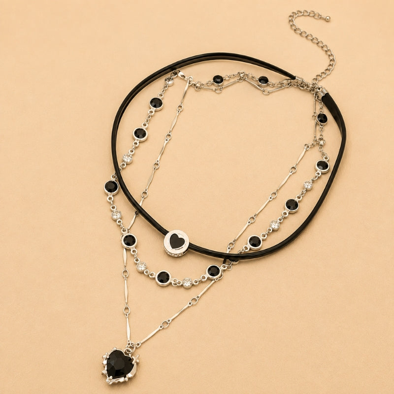 Layered Heart Necklace Set with Black Stone Pendant and Beaded Chain — view 2