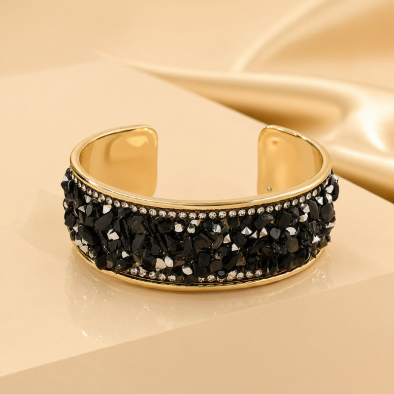 Faceted Black Stone Cuff Bracelet with Crystal Accents and Gold-Tone Detail — main image