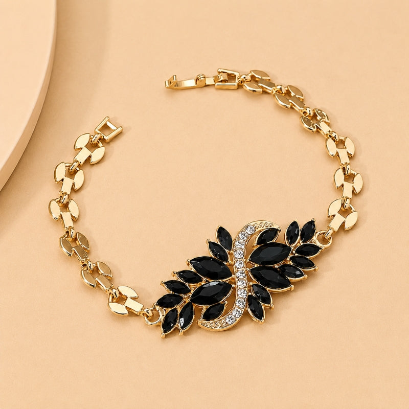 Floral Black Stone Link Bracelet with Crystal Accent Bar — main image