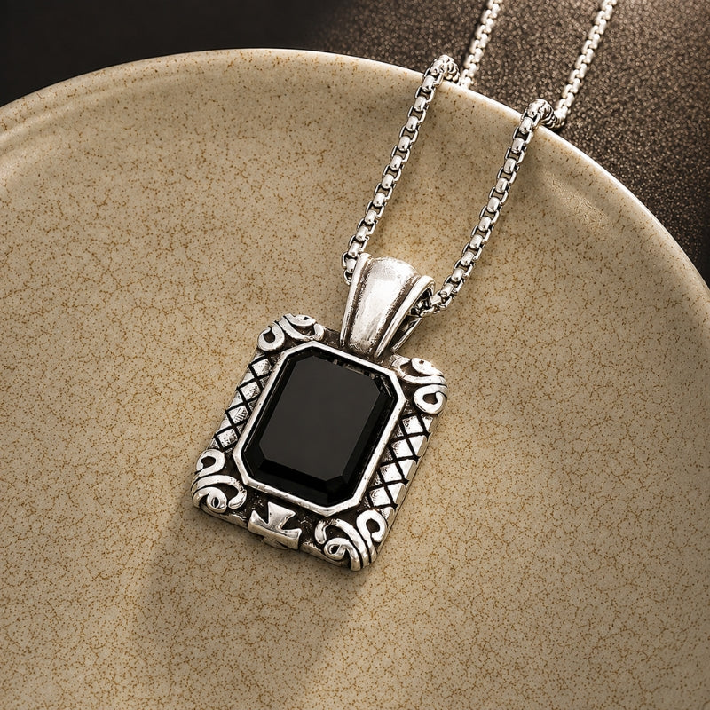 Black Stone Pendant Necklace with Ornate Silver-Tone Scrollwork Frame, Lobster Clasp — view 2