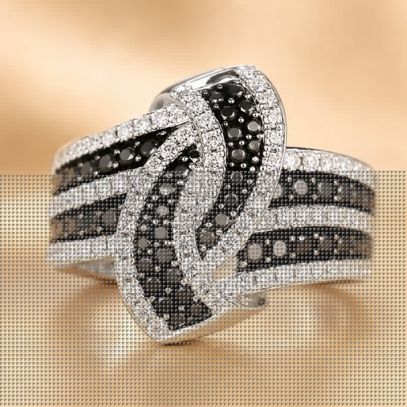 Woven Black and White Crystal Statement Ring with Multi-Band Design — main image