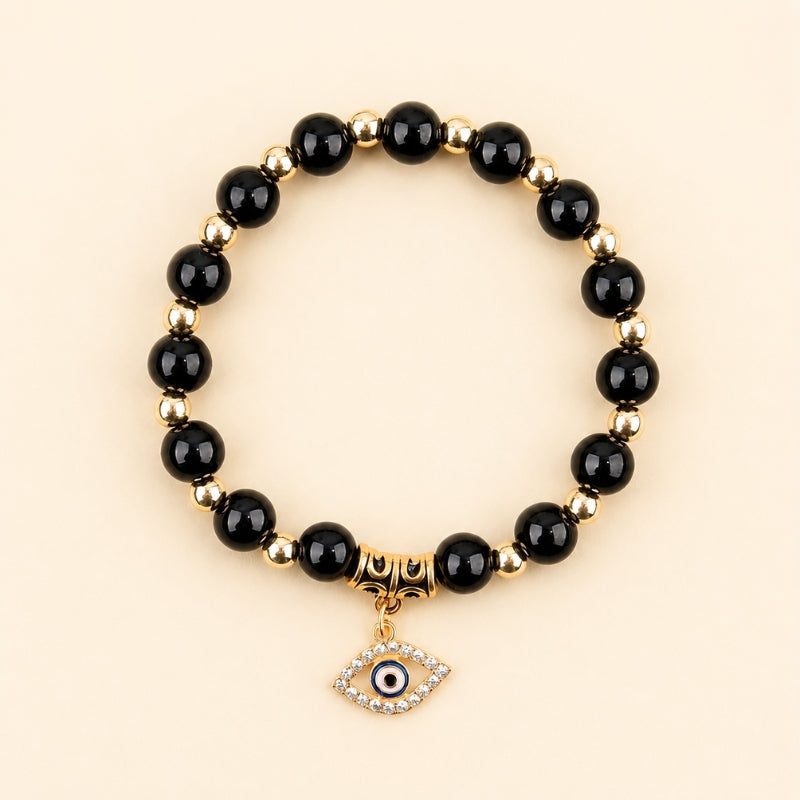 Evil Eye Black Stone Beaded Bracelet with Gold-Tone Spacers — main image