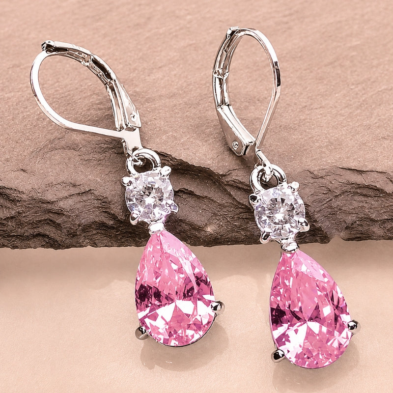 Pear-Cut Pink Zirconia Drop Earrings with Clear Cushion-Cut Stone and Silver-Tone Leverback — main image