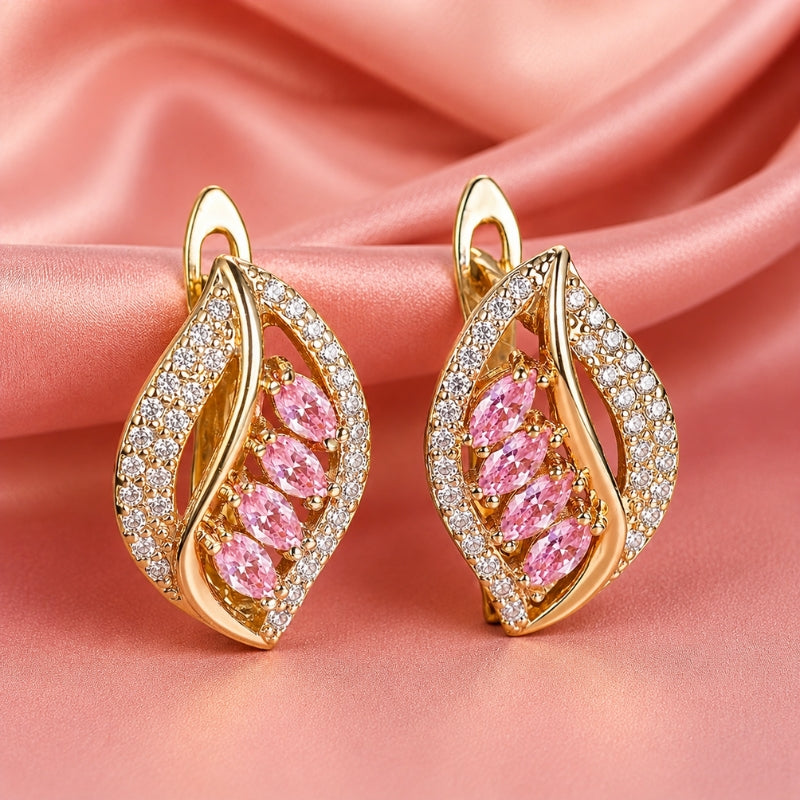 Pink Marquise Cubic Zirconia Drop Earrings with Gold-Tone Leaf Design — main image