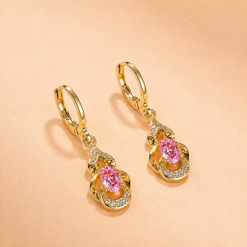 Oval Pink Stone Dangle Earrings with Leaf Detail — main image