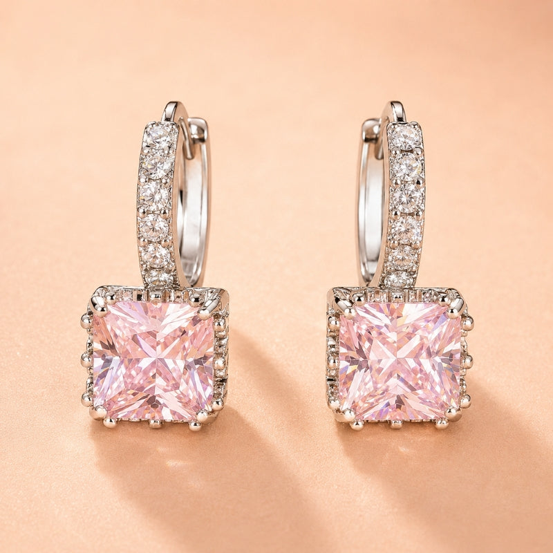 Princess-Cut Pink Stone Hoop Earrings with Crystal Halo Detail — main image