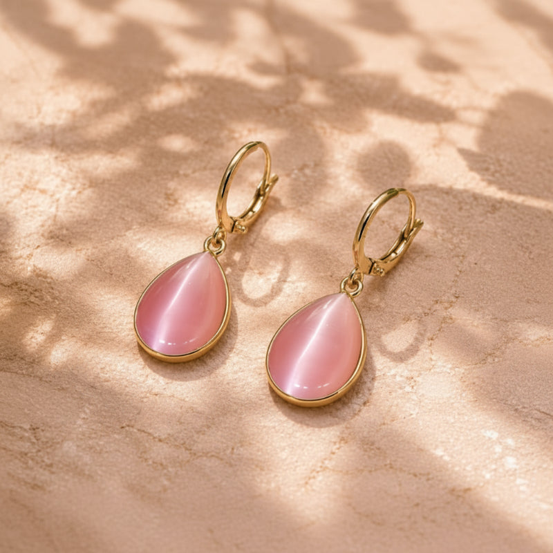 Teardrop Pink Cat's Eye Earrings with Gold-Tone Leverback — main image