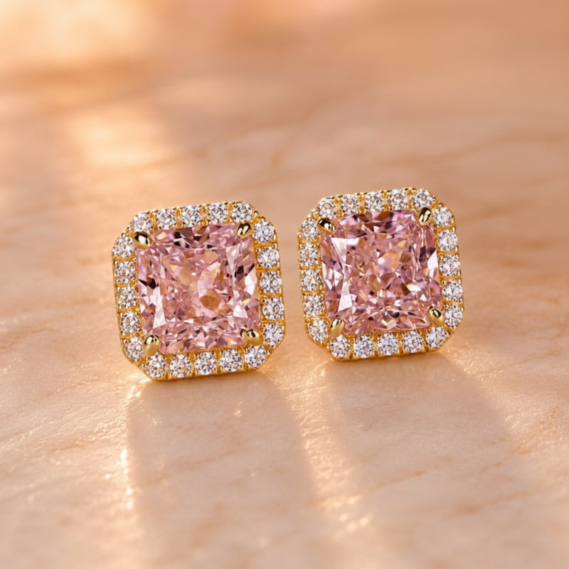 Cushion-Cut Pink Stone Halo Stud Earrings with Gold-Tone Plating — main image