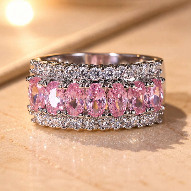 Oval Pink Stone Cluster Ring with Cubic Zirconia Rows — main image