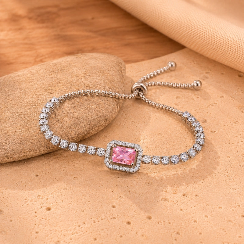 Square Halo Pink Stone Tennis Bracelet with Adjustable Slider Closure — main image