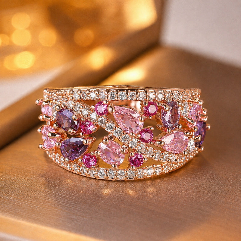 Marquise Cluster Cocktail Ring with Pink and Purple Stones in Gold Tone — main image