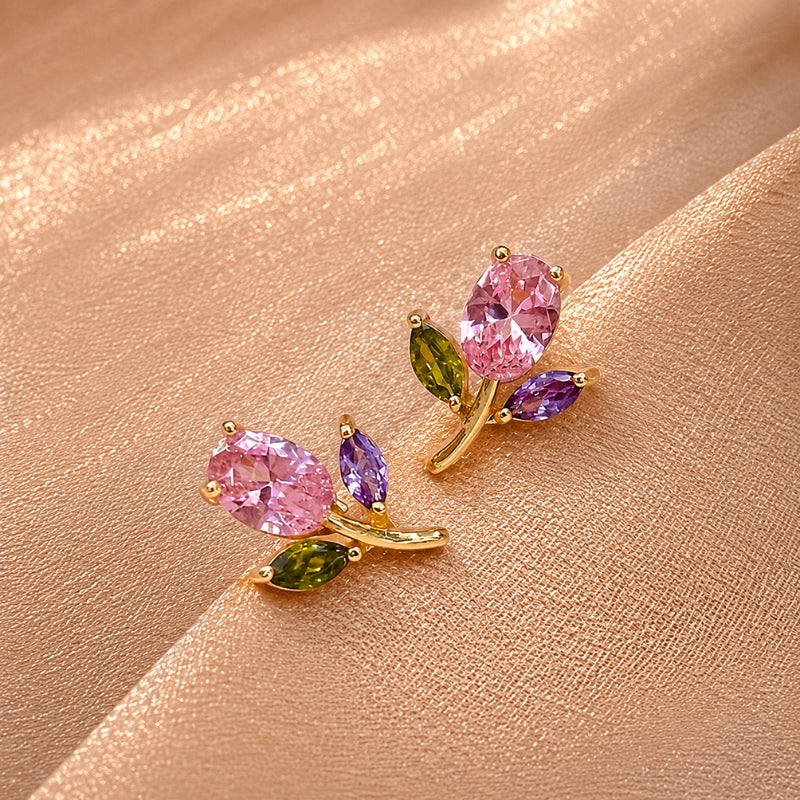 Tulip Floral Cluster Stud Earrings with Pink, Purple & Green Stones — main image