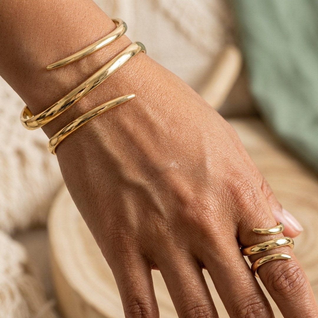 Abstract Sculptural Gold Bangle and Ring Set, 2 Bracelets and 1 Ring — main image