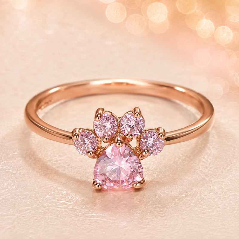 Paw Print Pink Cubic Zirconia Ring with Rose Gold Tone Plating — main image