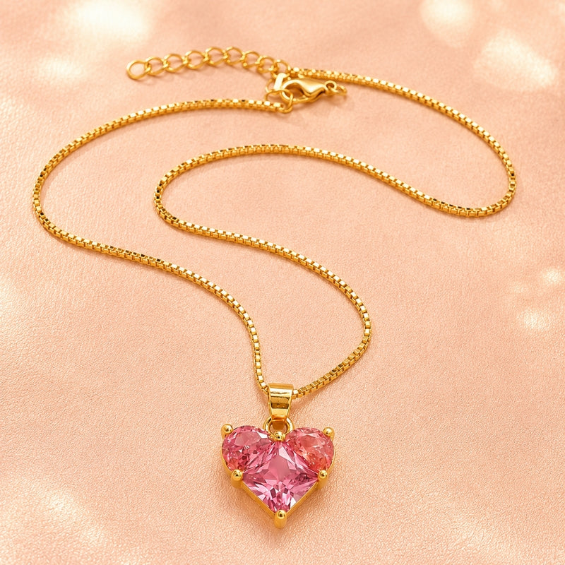 Heart-Shaped Pink Glass Pendant Necklace with Silver-Tone Chain — main image