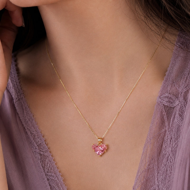 Heart-Shaped Pink Glass Pendant Necklace with Silver-Tone Chain — view 2