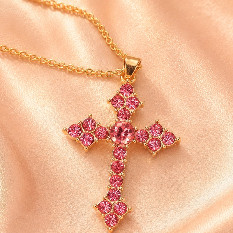Pink Glass Cross Pendant Necklace with Faceted Stones in Gold Tone — main image
