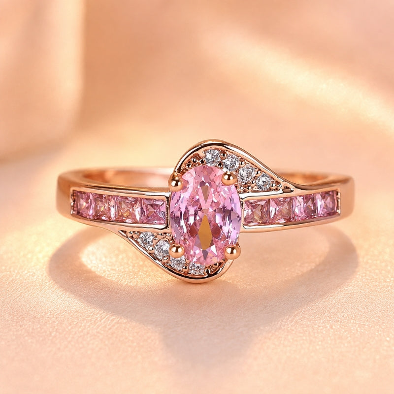 Oval Pink Zirconia Ring with Rose Gold-Tone Split Shank — main image