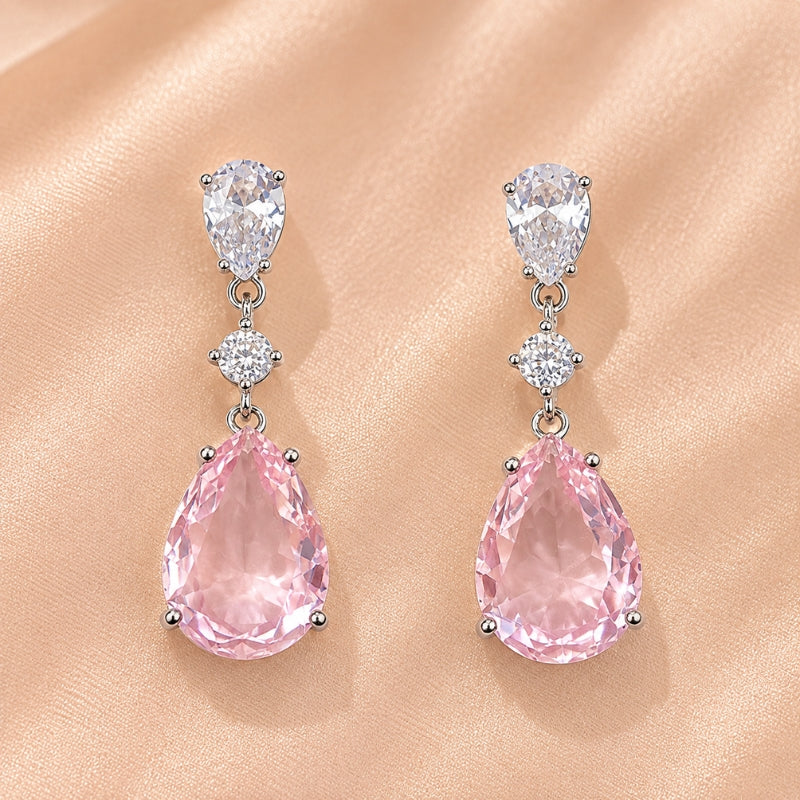 Pink Teardrop Stone Drop Earrings with Clear Accent Stones — main image