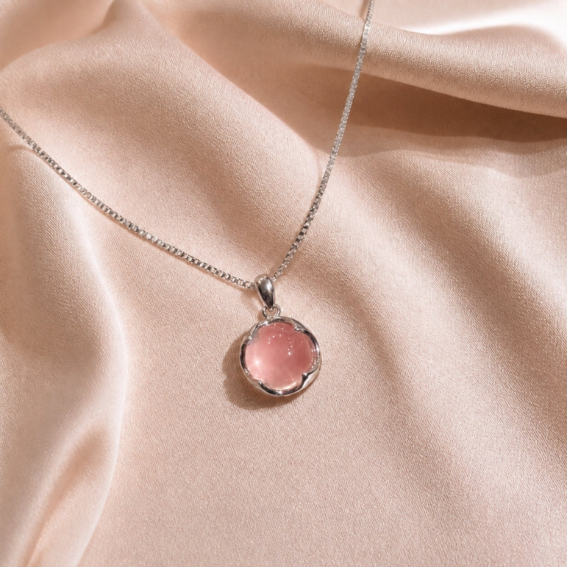 Round Pink Stone Pendant Necklace with Silver-Tone Bezel Setting — main image